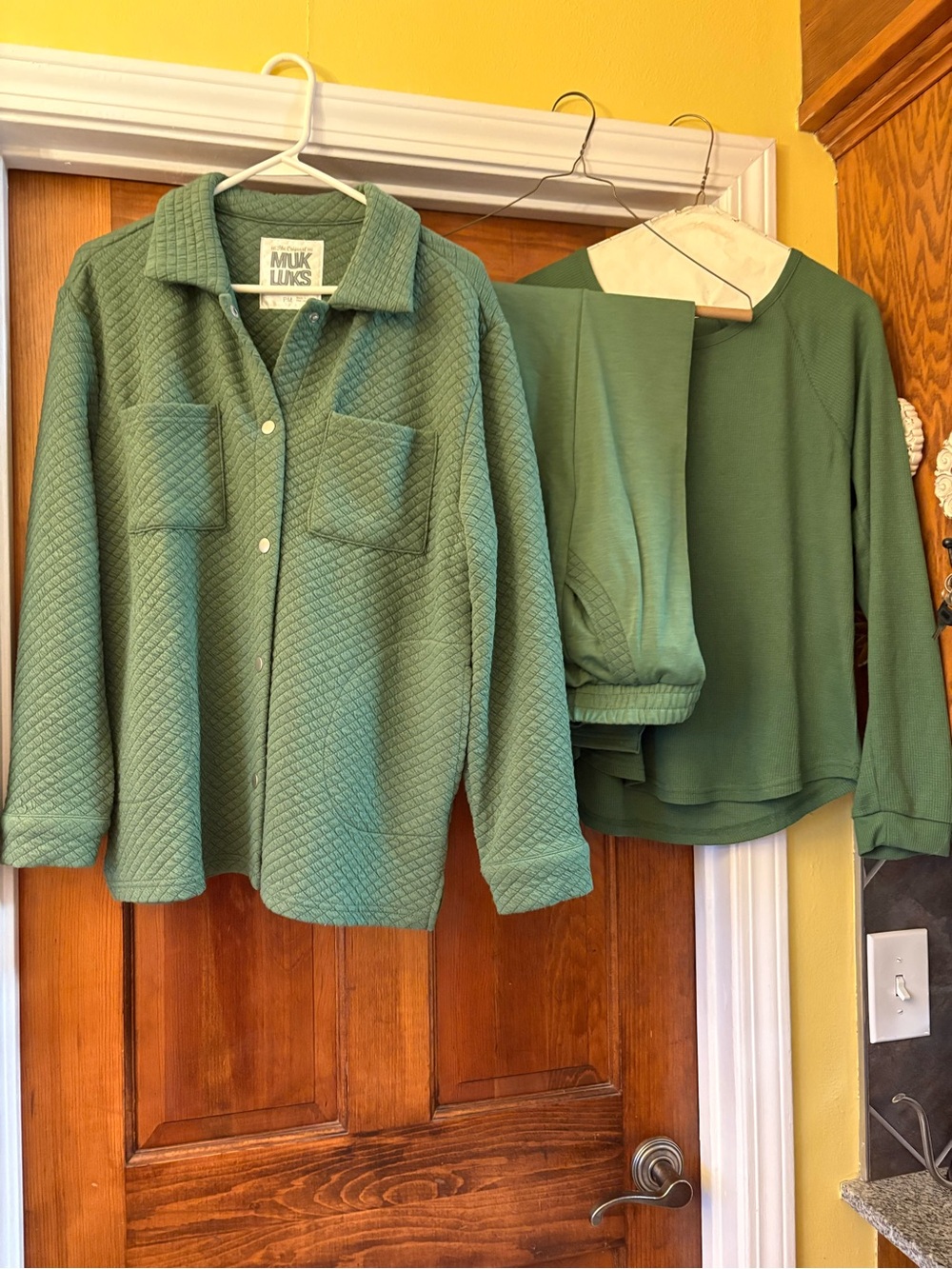 Muk Luks Quilted Jacket with Matching Top & Pants in Sage Green